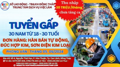 Tuyển gấp 30 nam đi làm việc tại Nhật Bản hợp đồng 03 năm