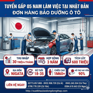 Tuyển gấp 5 nam làm việc tại Nhật Bản đơn Bảo dưỡng ô tô