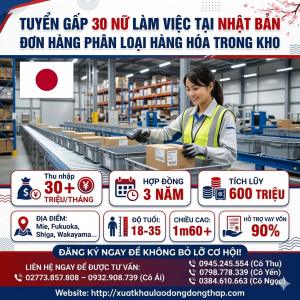 Tuyển gấp  40 nữ làm việc tại Nhật Bản đơn hàng Phân loại thực phẩm trong kho