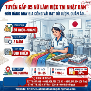Tuyển gấp 5 nữ làm việc tại Nhật Bản đơn hàng May gia công vải bạt dù lượn, quần áo