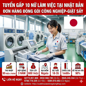 Tuyển gấp 10 nữ làm việc tại Nhật Bản đơn Đóng gói công nghiệp -giặt sấy