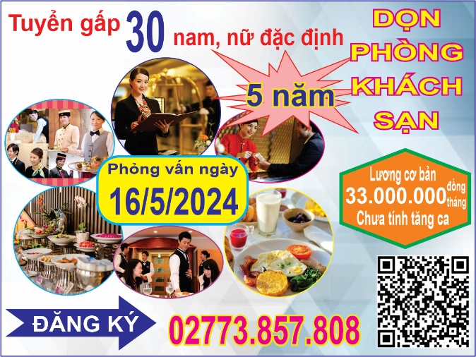 Tuyển gấp 30 nam, nữ đặc định làm công việc dọn phòng khách sạn  tại Nhật Bản, hợp đồng 05 năm