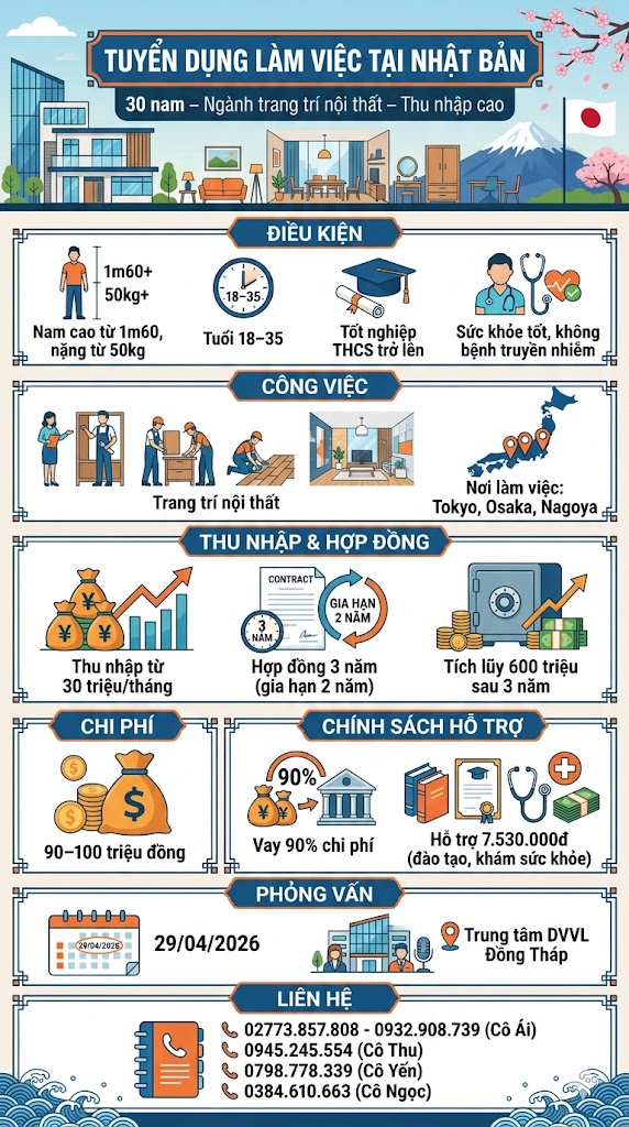 Tuyển gấp 30 nam làm việc tại Nhật Bản đơn hàng Trang trí nội thất