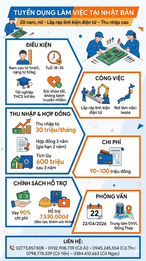 Tuyển gấp 20 nam nữ làm việc tại Nhật Bản đơn hàng Lắp ráp linh kiện điện tử