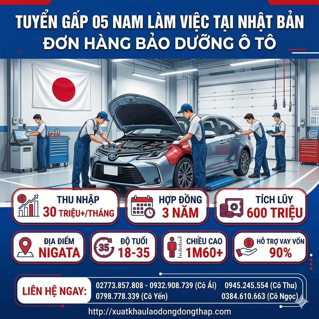 Tuyển gấp 5 nam làm việc tại Nhật Bản đơn Bảo dưỡng ô tô