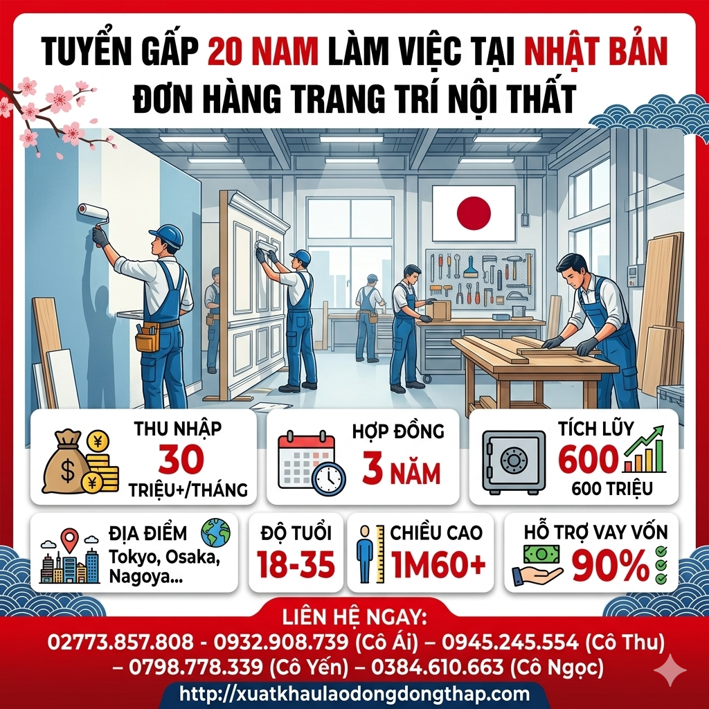 Tuyển gấp 20 nam làm việc tại Nhật Bản đơn hàng Trang trí nội thất