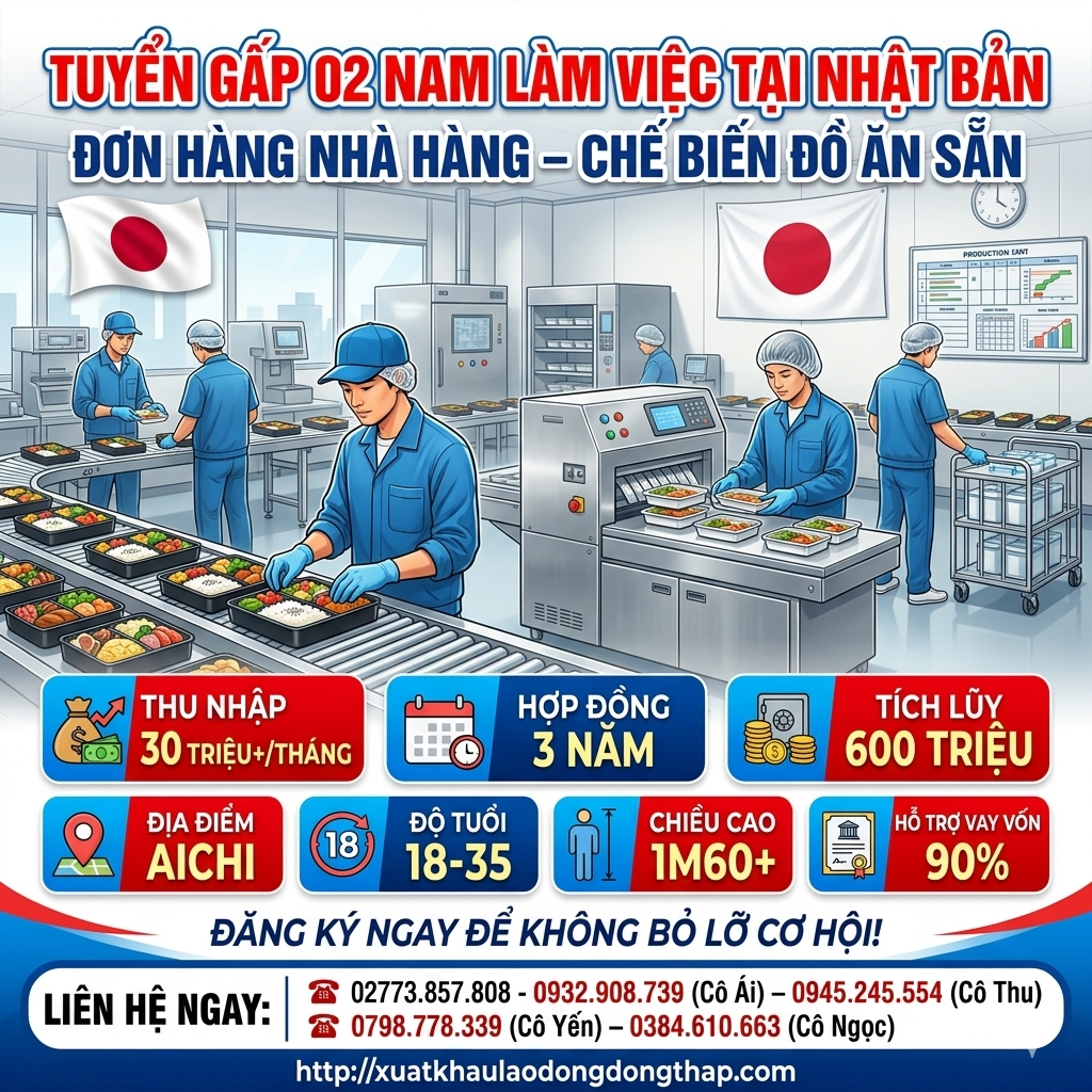 Tuyển gấp 2 nam làm việc tại Nhật Bản đơn hàng Nhà nhàng- Chế biến đồ ăn sẵn