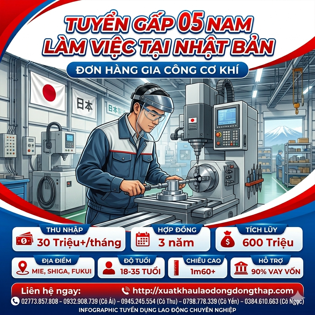 Tuyển gấp 5 nam làm việc tại Nhật Bản đơn hàng Gia công cơ khí