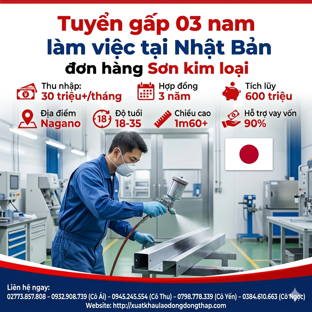 Tuyển gấp 3 nam làm việc tại Nhật Bản đơn hàng Sơn kim loại