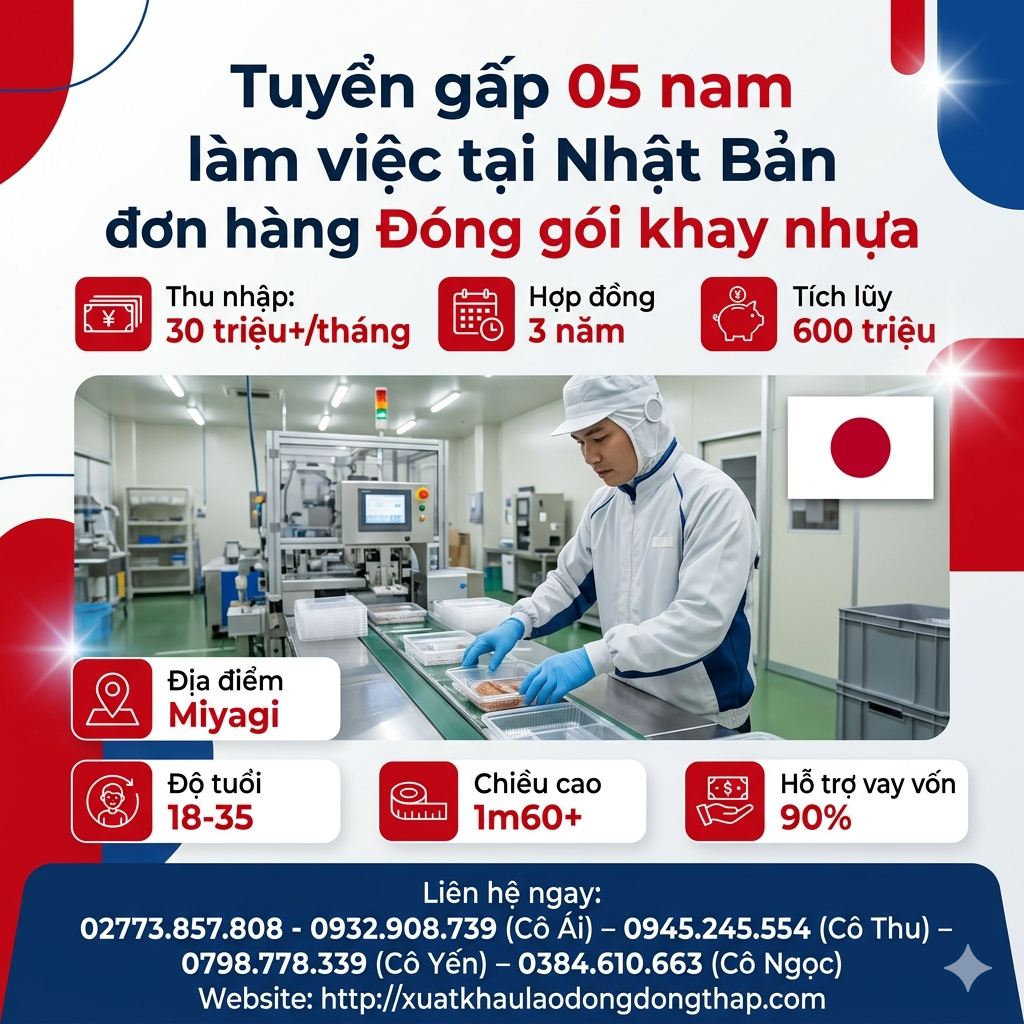 Tuyển gấp 5 nam làm việc tại Nhật Bản đơn hàng Đóng gói khay nhựa
