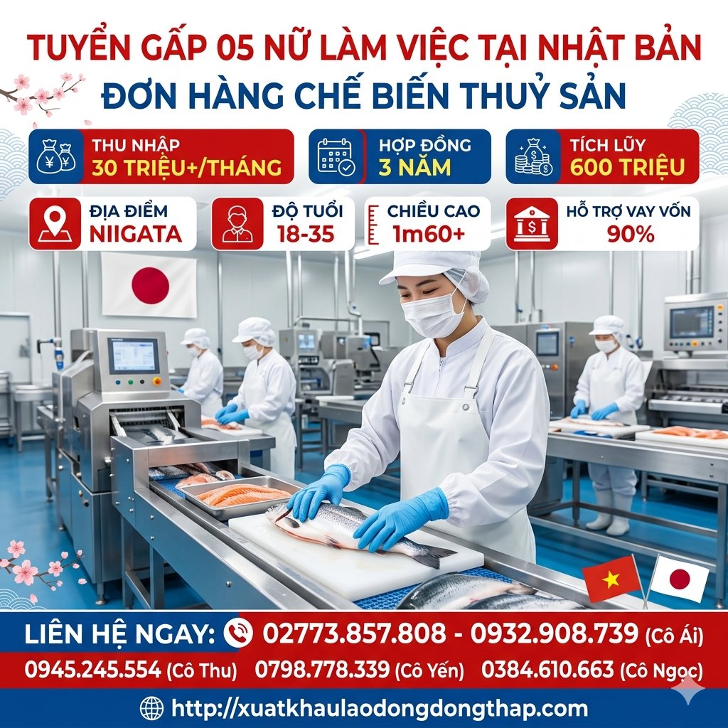 Tuyển gấp 5 nữ làm việc tại Nhật Bản đơn hàng Chế biến thuỷ sản