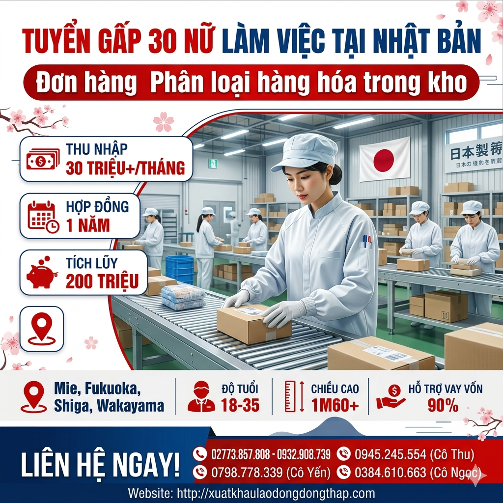 Tuyển gấp 40 nữ làm việc tại Nhật Bản đơn hàng Phân loại thực phẩm trong kho