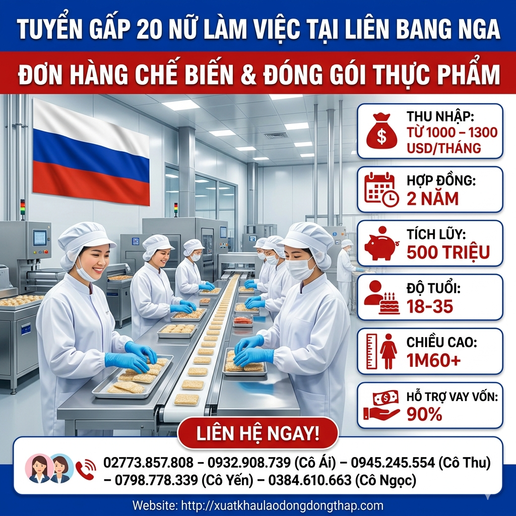 Tuyển gấp 20 nữ làm việc tại Liên bang Nga đơn hàng Chế biến và đóng gói thực phẩm