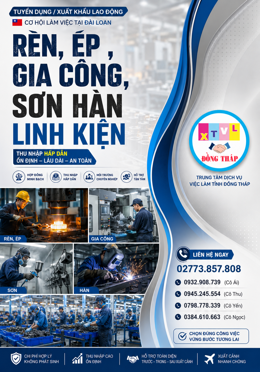 Tuyển gấp 20 nam làm việc tại Đài Loan đơn hàng Rèn, ép , gia công, sơn hàn linh kiện