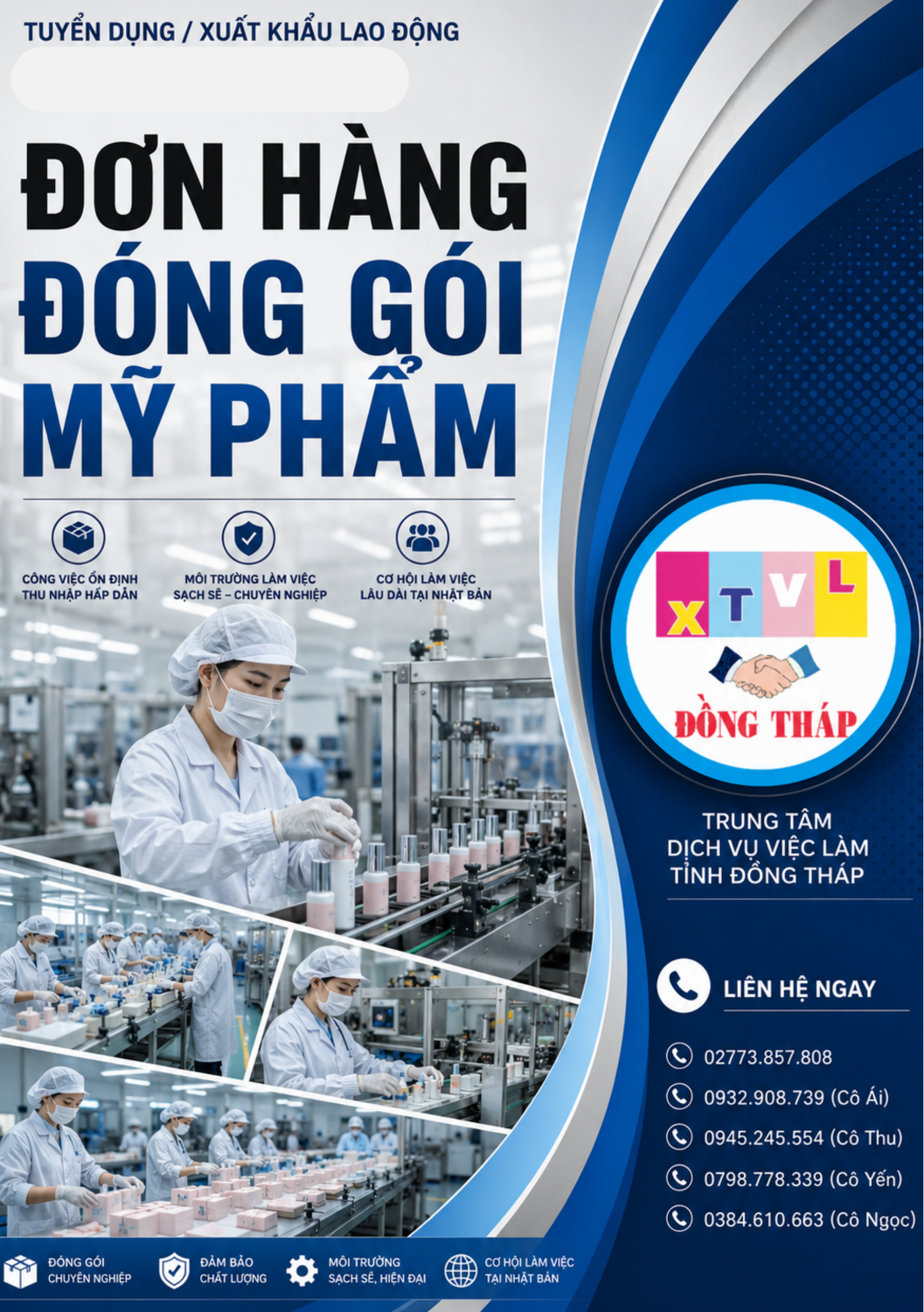 Tuyển gấp 10 nữ làm việc tại Nhật Bản đơn hàng Đóng gói mỹ phẩm