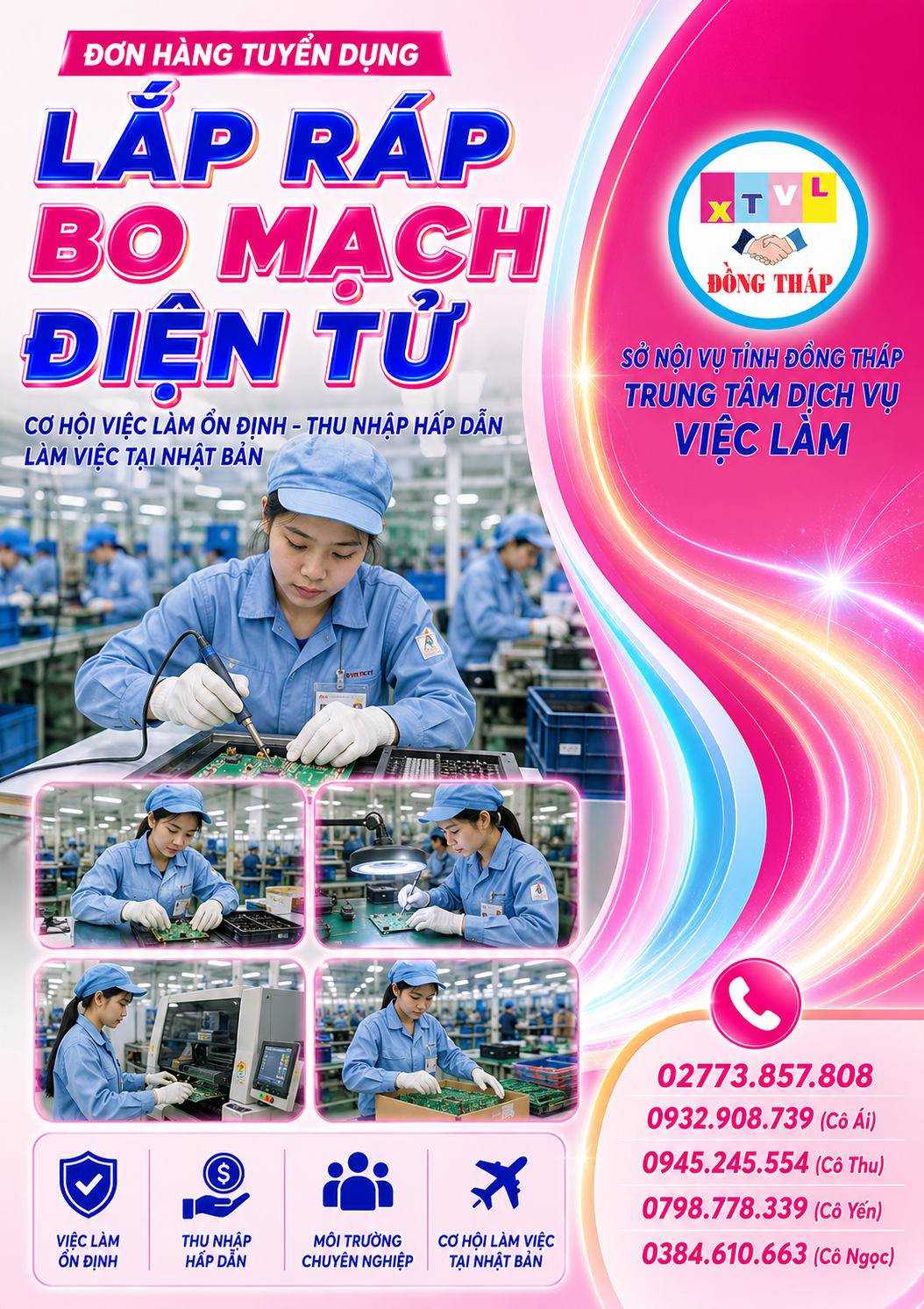 Tuyển gấp 10 nữ làm việc tại Nhật Bản đơn hàng Lắp ráp bo mạch điện tử