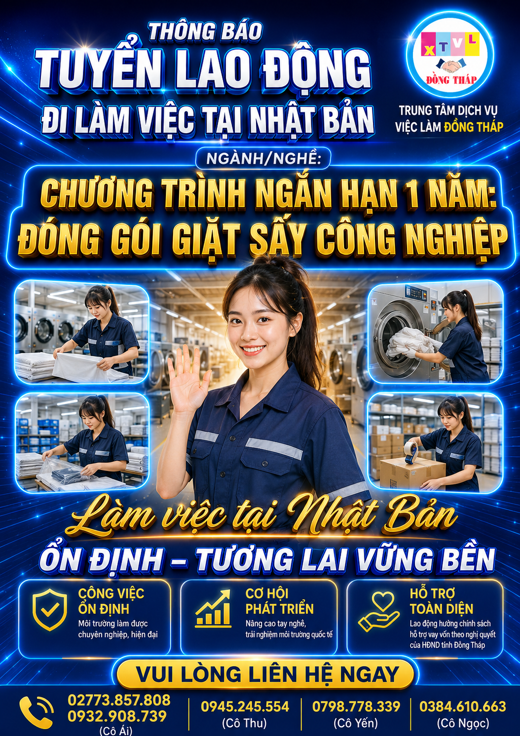 Tuyển gấp 5 nữ làm việc tại Nhật Bản đơn hàng Đóng gói giặt sấy công nghiệp