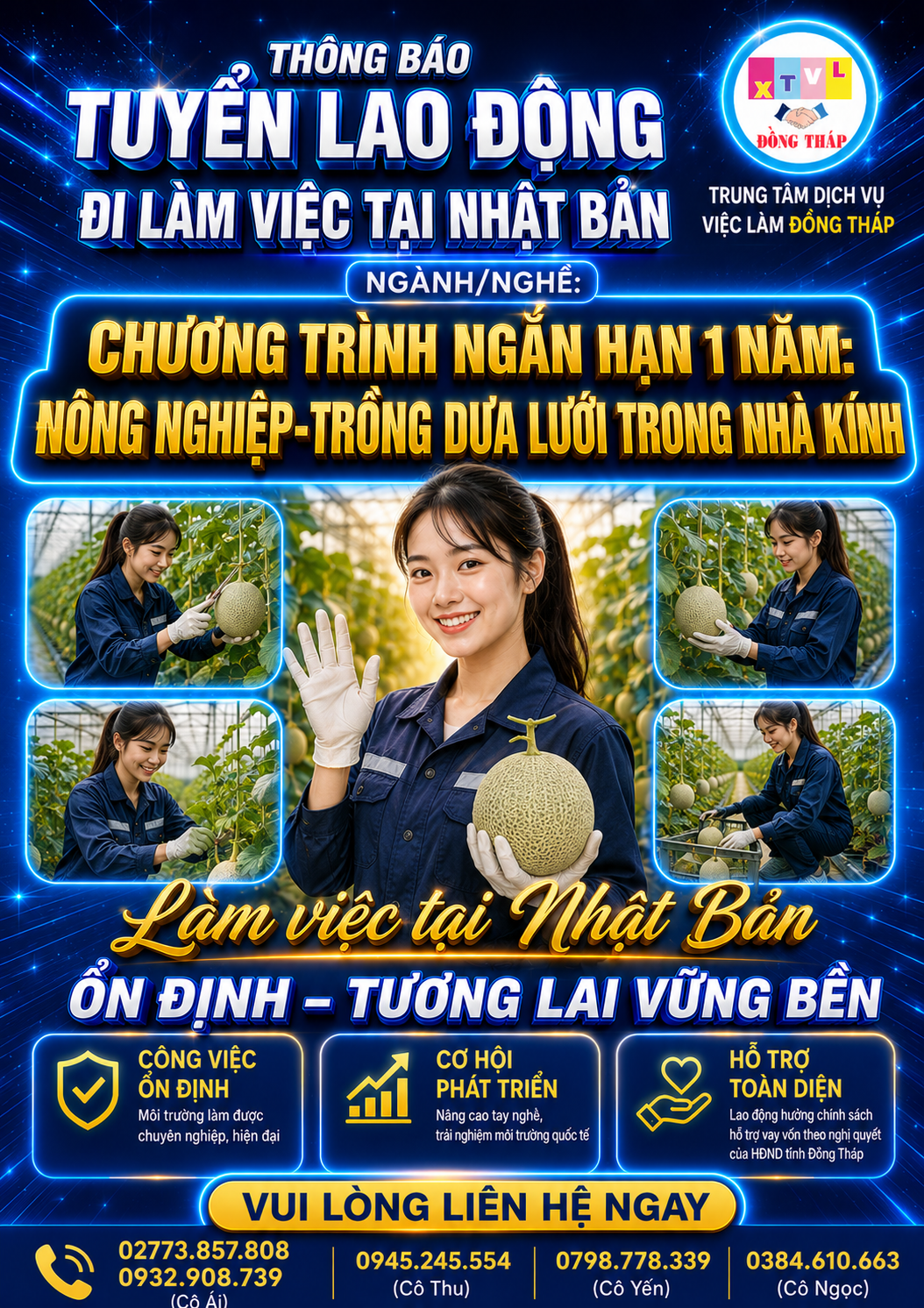 Tuyển gấp 20 nữ làm việc tại Nhật Bản đơn hàng Trồng dưa lưới trong nhà kính