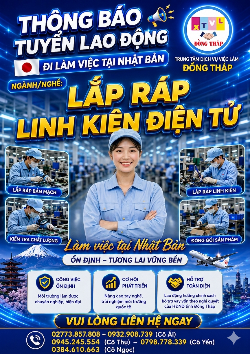 Tuyển gấp 10 nữ làm việc tại Nhật Bản đơn Lắp ráp linh kiện điện tử