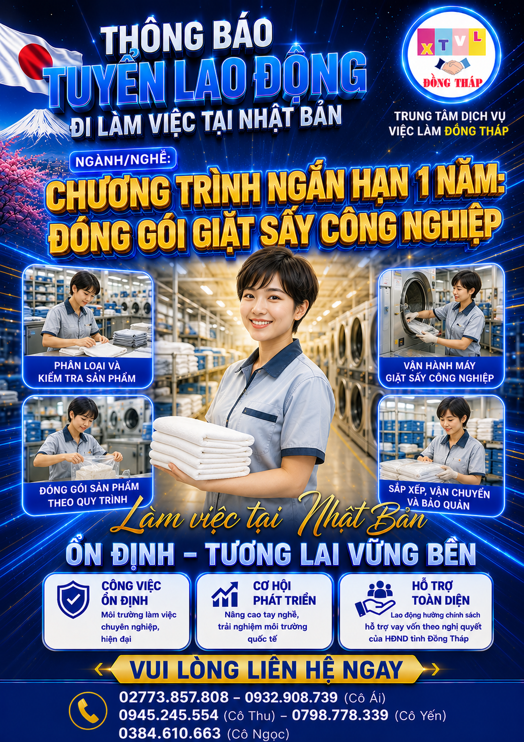 Tuyển gấp 5 nữ làm việc tại Nhật Bản đơn hàng Đóng gói giặt sấy công nghiệp