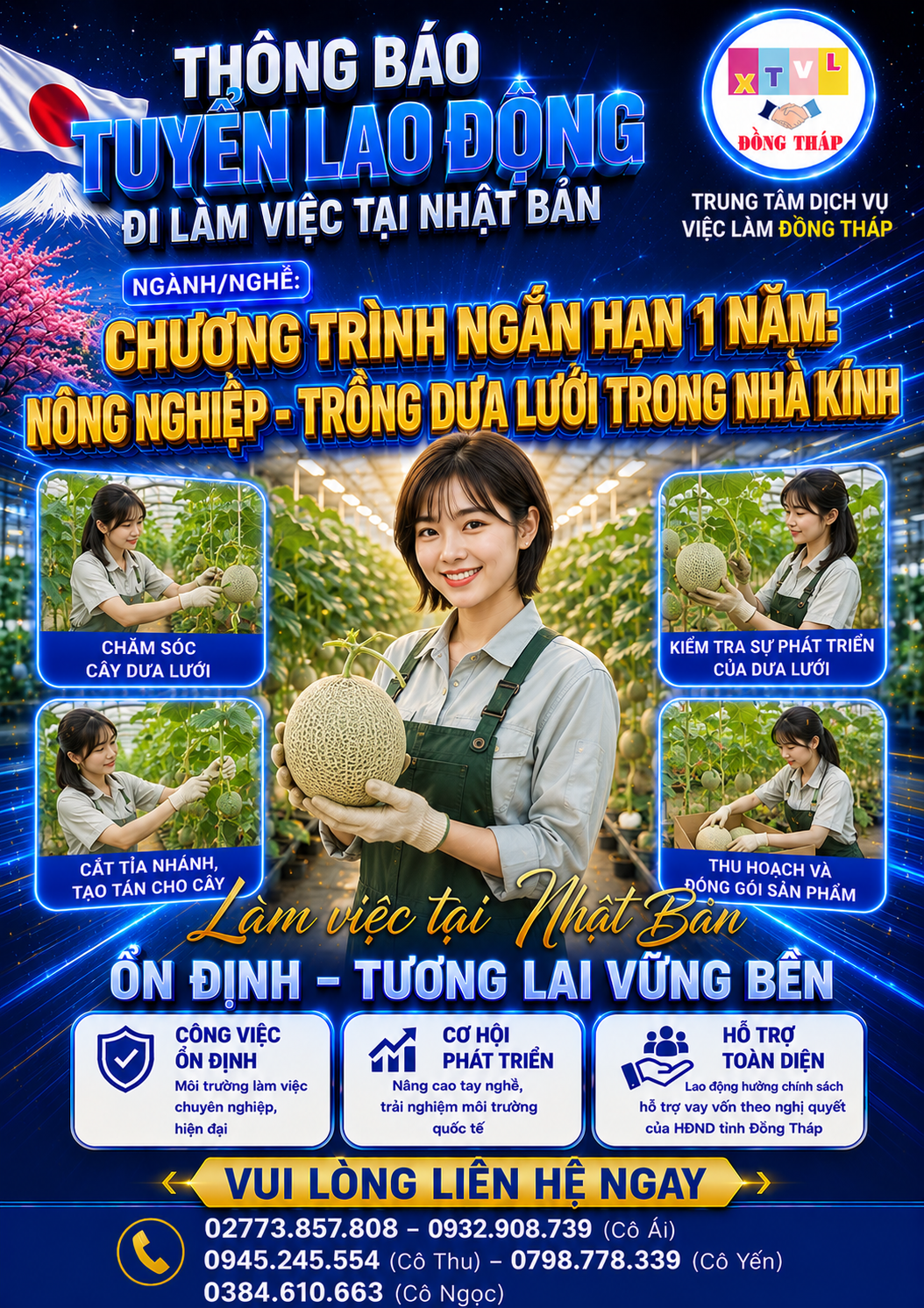Tuyển gấp 20 nữ làm việc tại Nhật Bản đơn hàng Trồng dưa lưới trong nhà kính