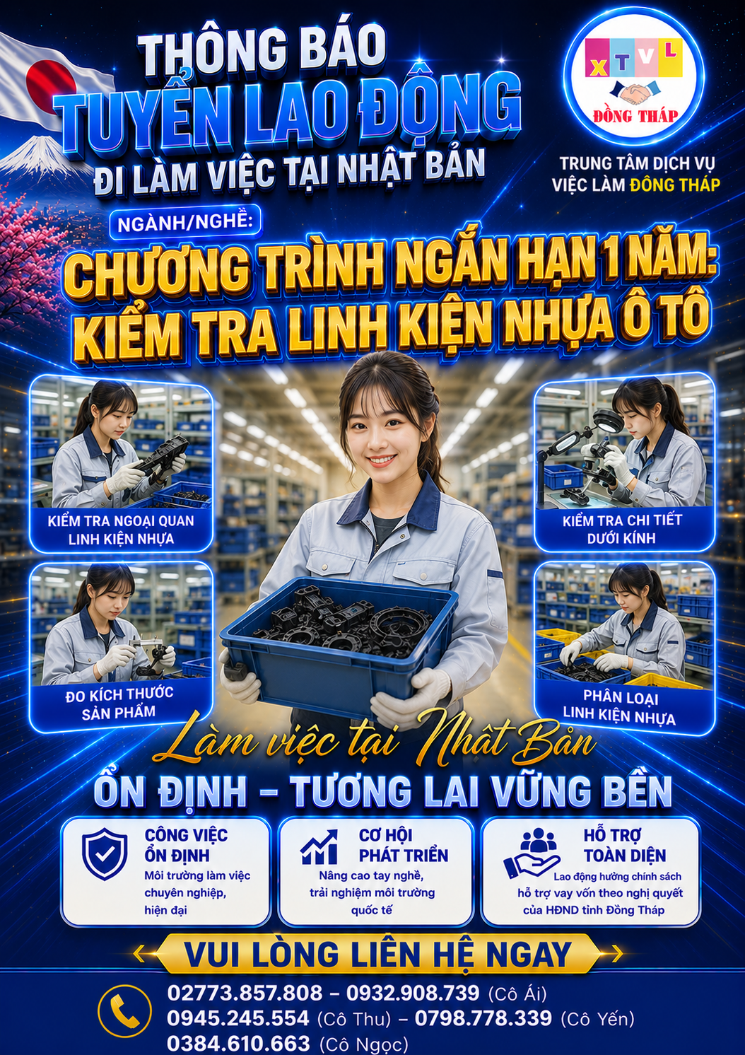 Tuyển gấp 10 nữ làm việc tại Nhật Bản đơn hàng Kiểm tra linh kiện nhựa ô tô