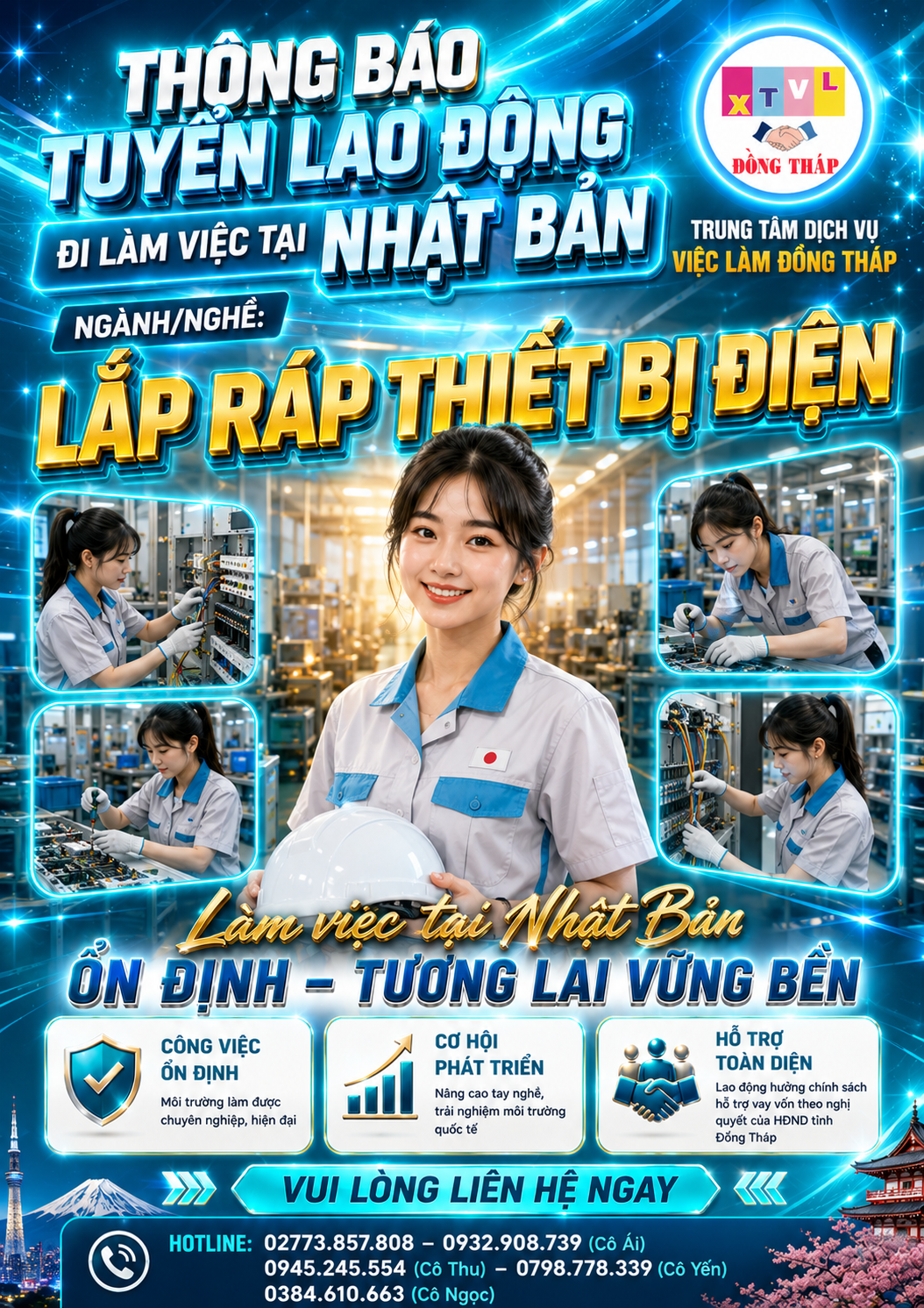 Tuyển gấp 5 nữ làm việc tại Nhật Bản đơn hàng Lắp ráp thiết bị điện