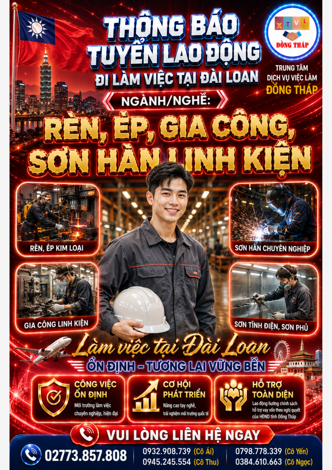 Tuyển gấp 20 nam làm việc tại Đài Loan đơn hàng Rèn, ép, gia công, sơn hàn linh kiện