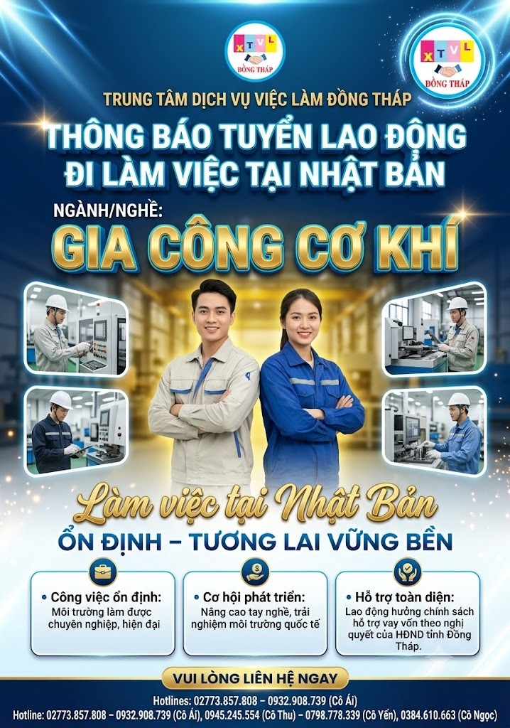 Tuyển gấp 3 nam làm việc tại Nhật Bản đơn hàng Gia công cơ khí