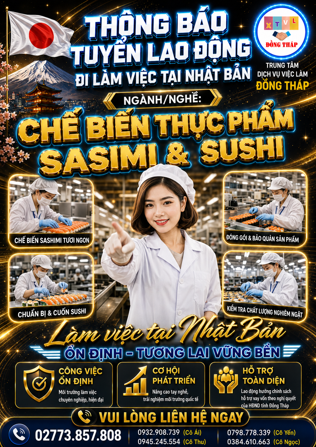 Tuyển gấp 3 nữ làm việc tại Nhật Bản đơn hàng Chế bién thực phẩm Sasimi, Sushi