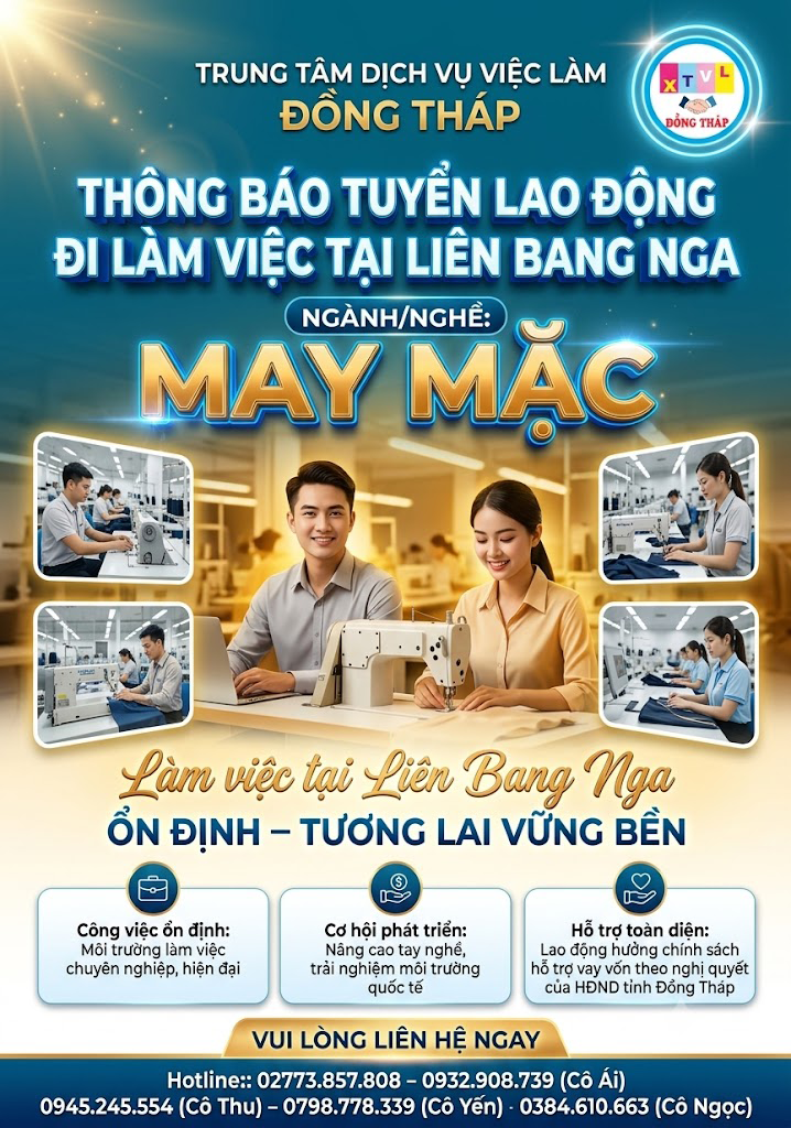 Tuyển gấp 80 nam nữ làm việc tại Liên bang Nga  đơn hàng May mặc