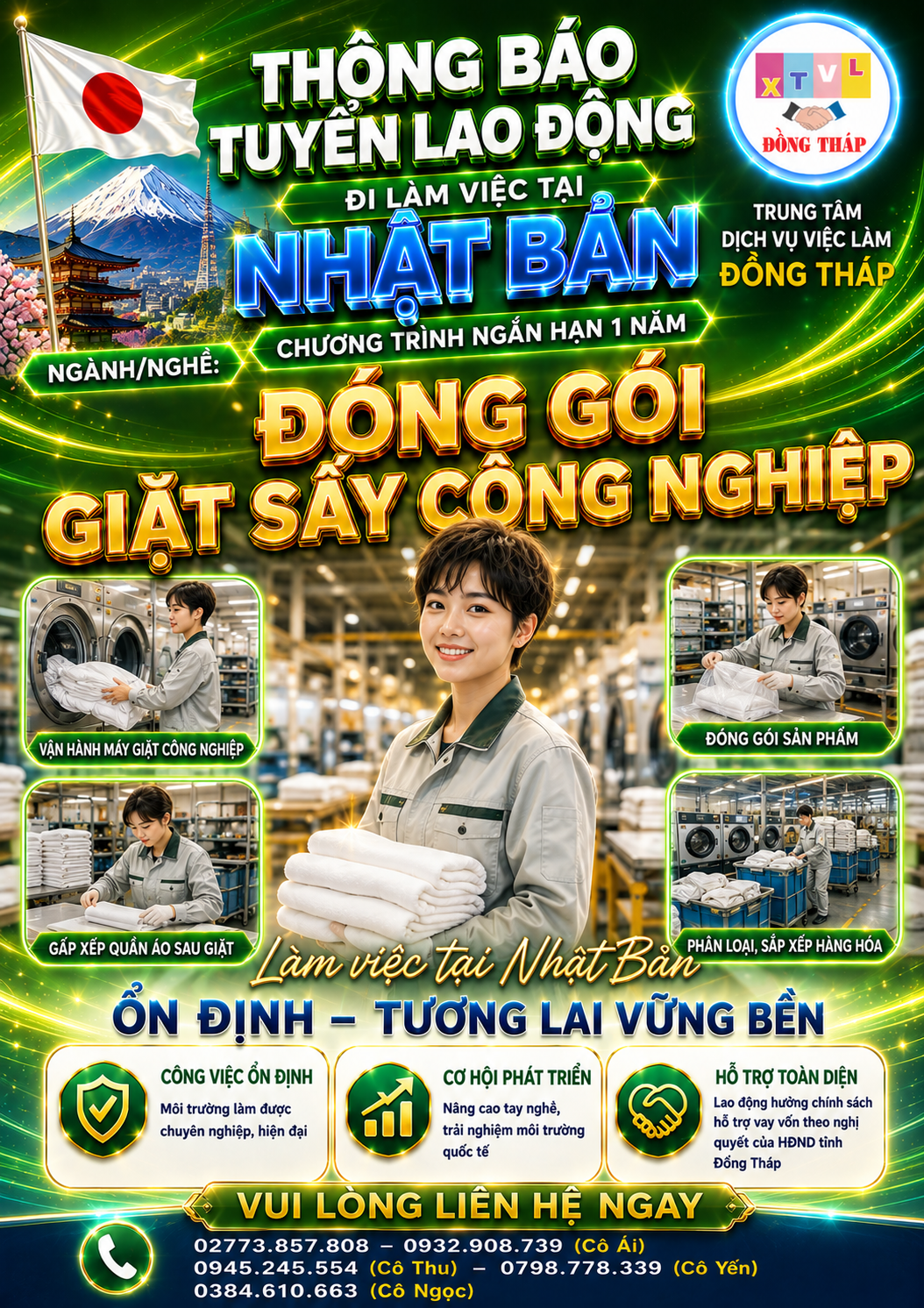 Tuyển gấp 5 nữ làm việc tại Nhật Bản đơn hàng Đóng gói giặt sấy công nghiệp