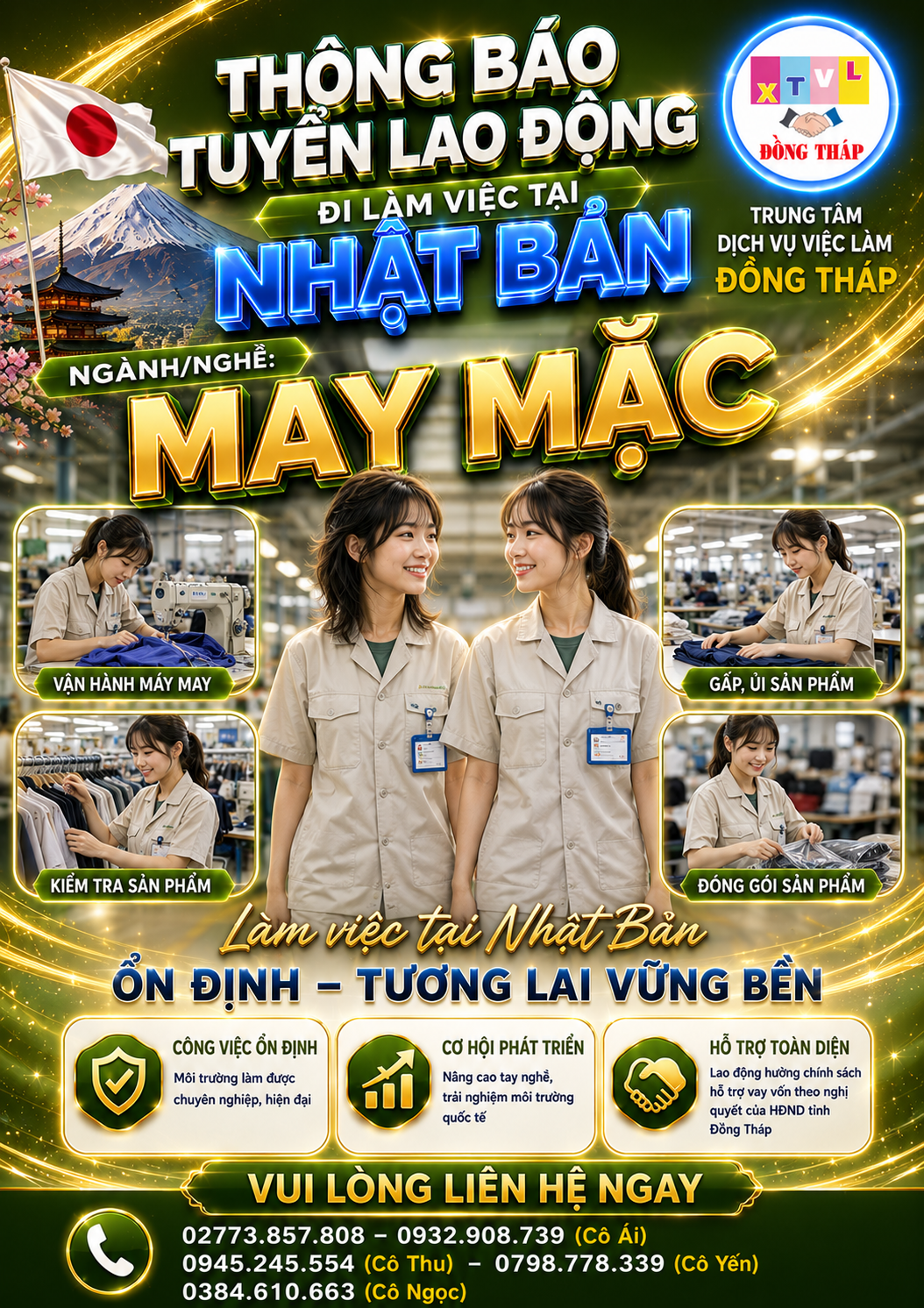 Tuyển gấp 6 nữ làm việc tại Nhật Bản đơn hàng May mặc