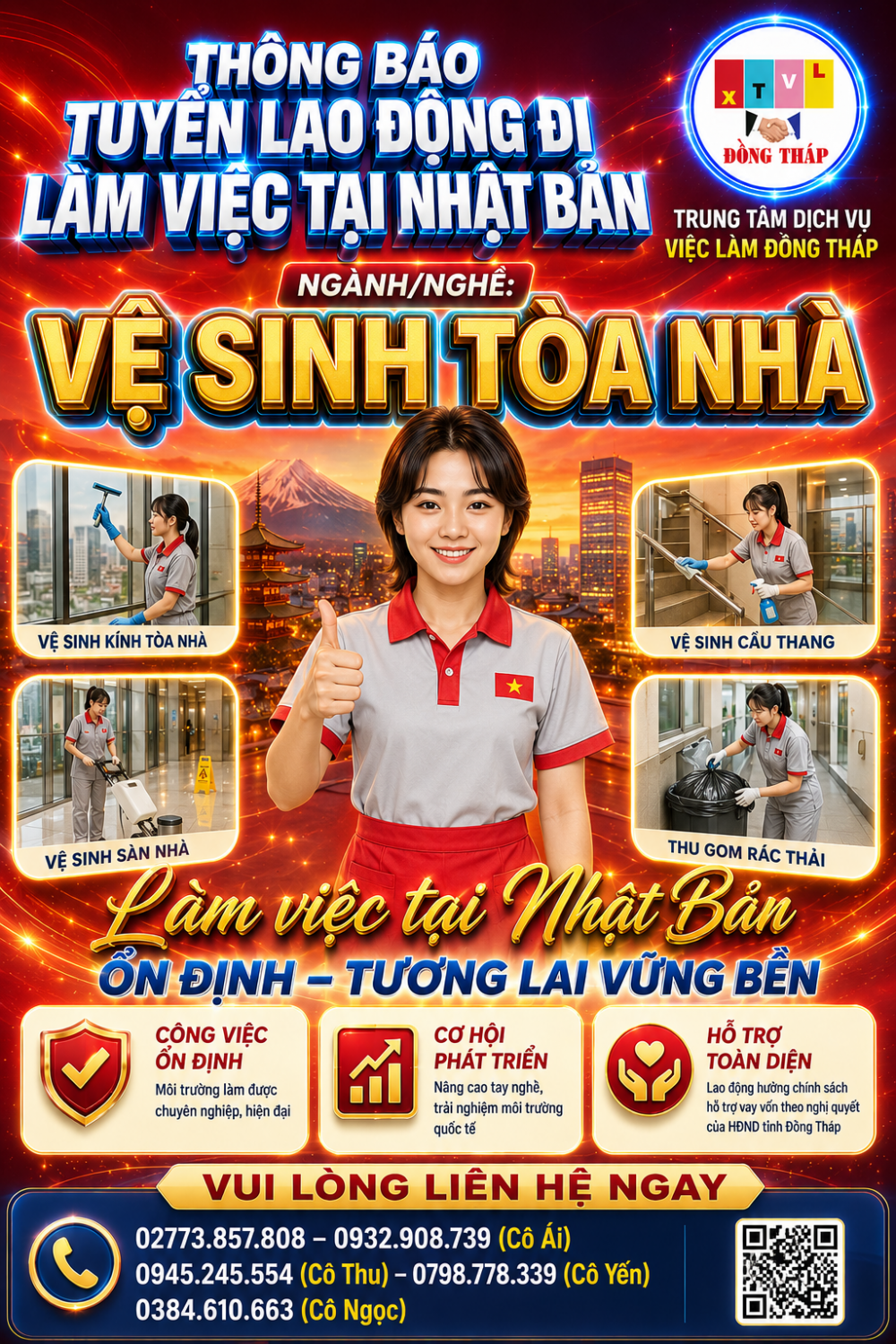 Tuyển gấp 5 nữ làm việc tại Nhật Bản đơn hàng Vệ sinh toà nhà