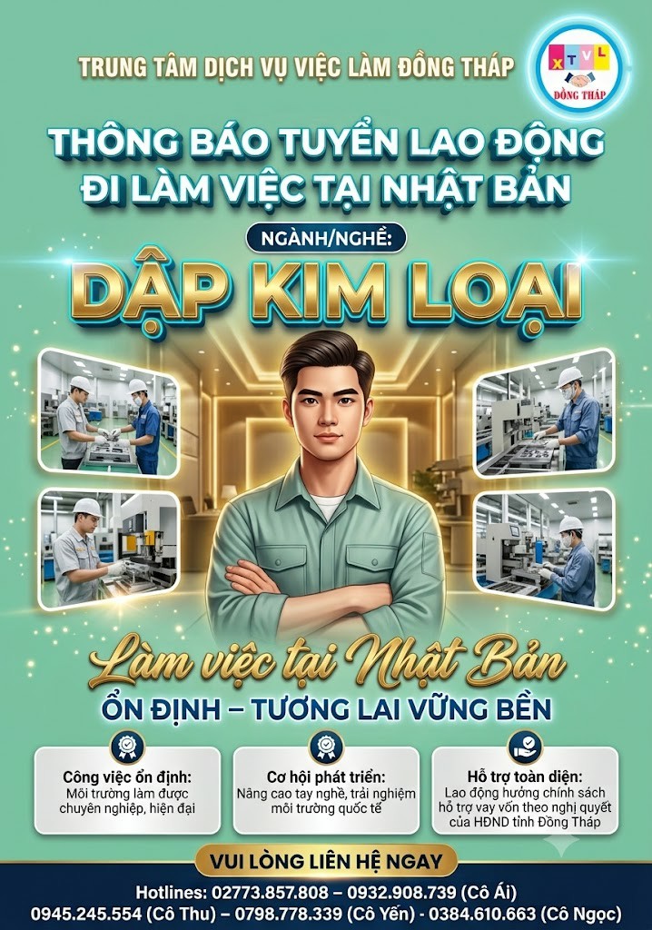 Tuyển gấp 5 nam làm việc tại Nhật Bản đơn hàng Dập kim loại