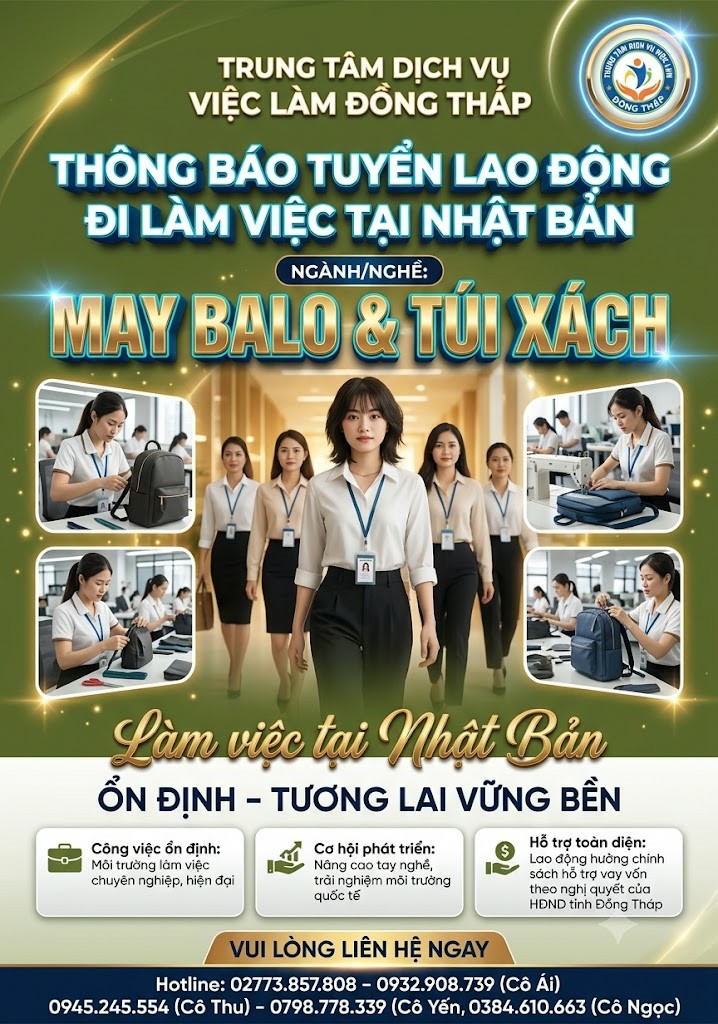 Tuyển gấp 5 nữ làm việc tại Nhật Bản đơn May balo, túi xách