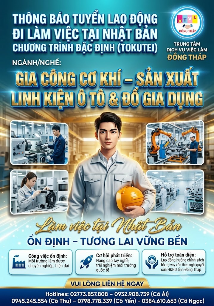 Tuyển gấp 30 nam  nữ làm việc tại Nhật Bản đơn hàng đặc định Gia công cơ khí , Sản xuất linh kiện ô tô