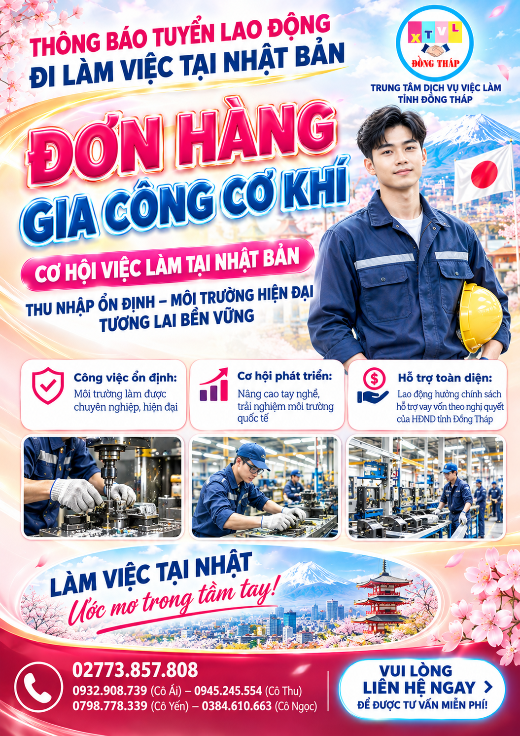 Tuyển gấp 10 nam  nữ làm việc tại Nhật Bản đơn hàng Gia công cơ khí