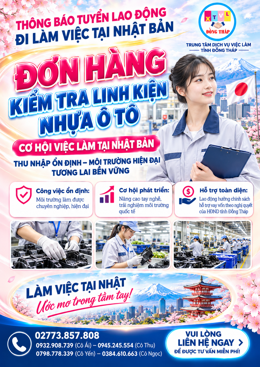 Tuyển gấp 15 nữ làm việc tại Nhật Bản đơn hàng Kiểm tra linh kiện nhựa ô tô