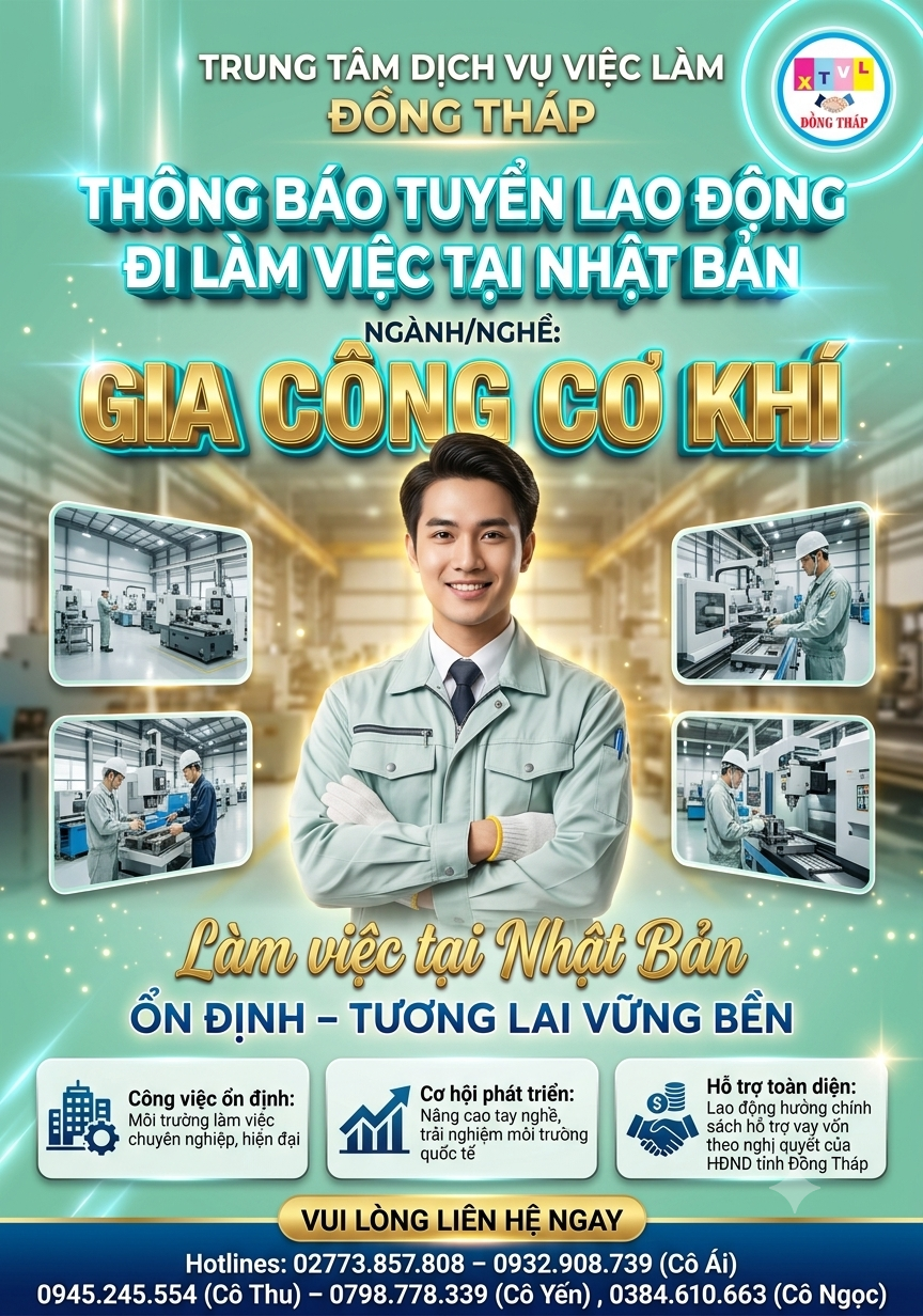 Tuyển gấp 10 nam làm việc tại Nhật Bản đơn hàng Gia công cơ khí
