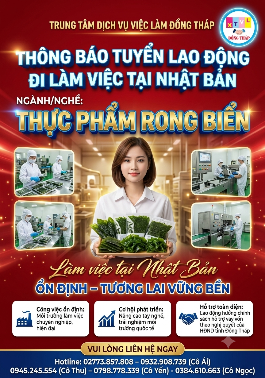 Tuyển gấp 10 nữ làm việc tại Nhật Bản đơn hàng Thực phẩm rong biển