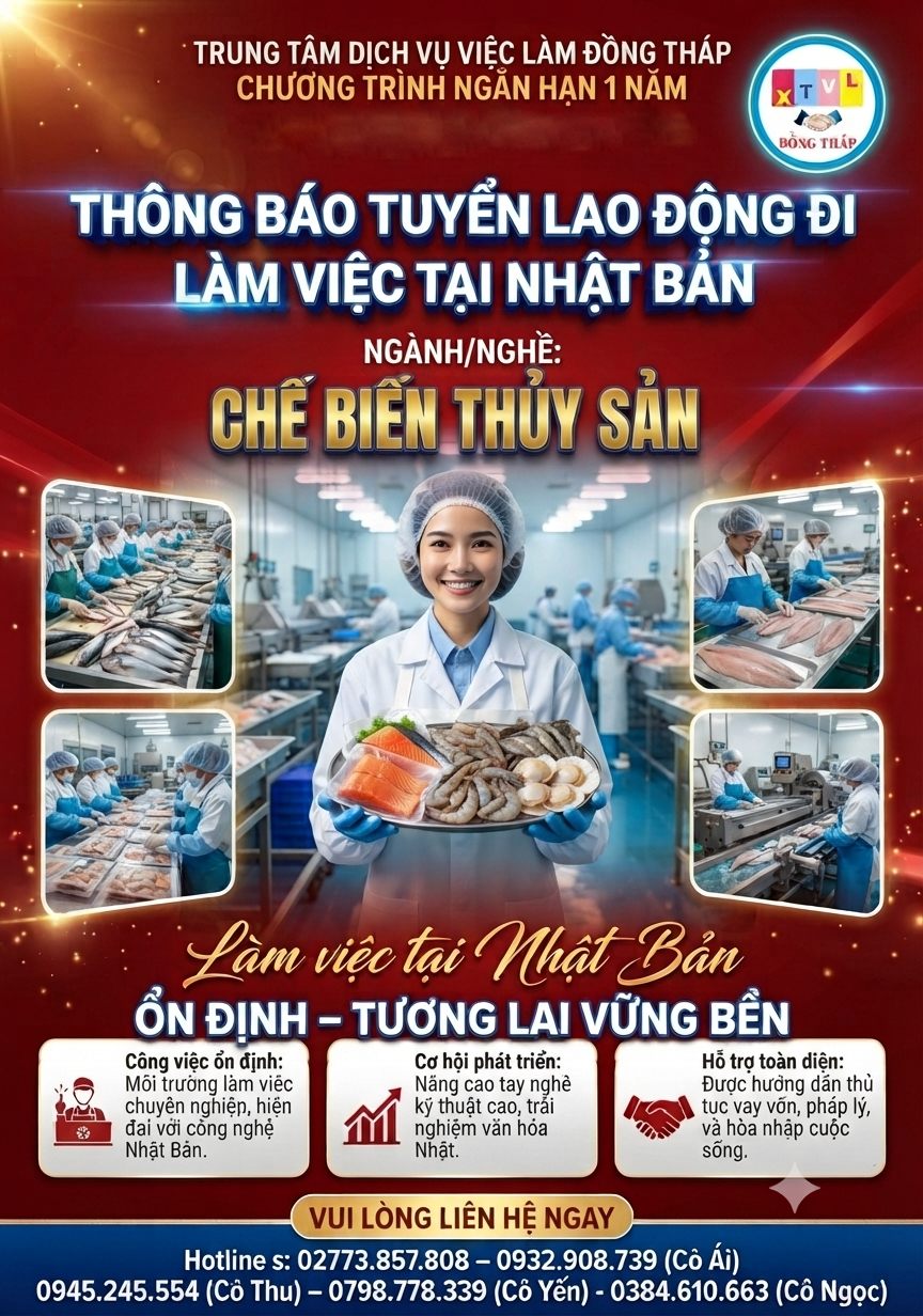 Tuyển gấp 50 nữ làm việc tại Nhật Bản đơn hàng Chế biến thuỷ sản