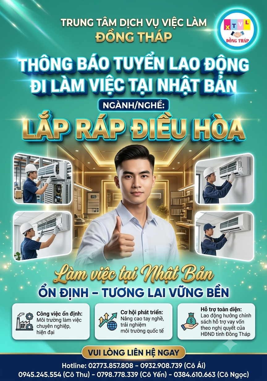 Tuyển gấp 5 nam làm việc tại Nhật Bản đơn Lắp ráp điều hoà