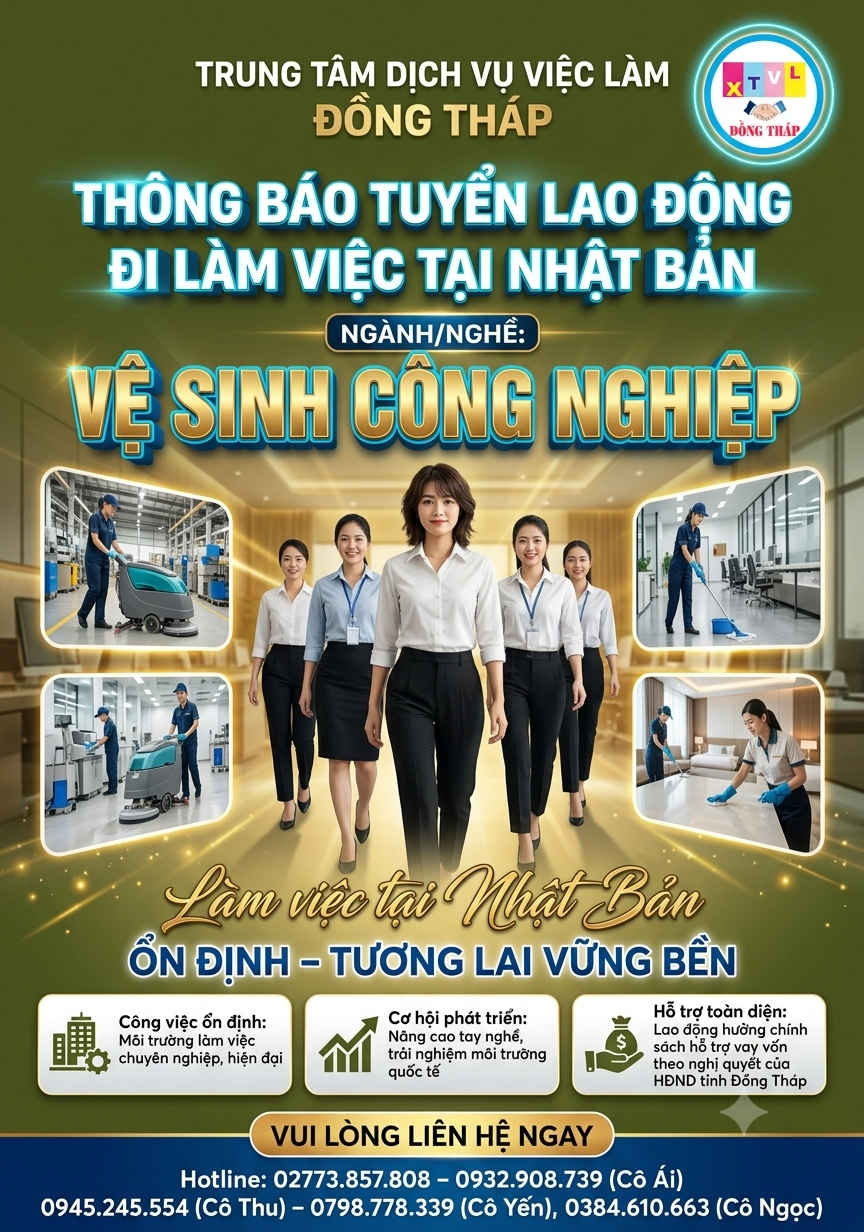 Tuyển gấp 5 nữ làm việc tại Nhật Bản đơn hàng Vệ sinh công nghiệp