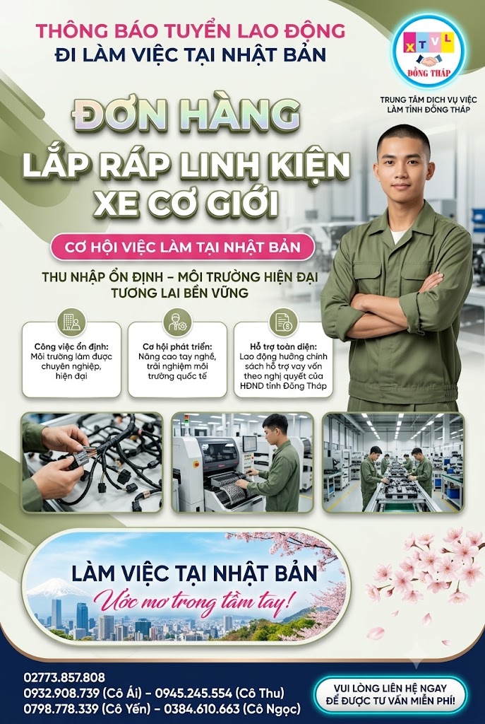 Tuyển gấp 6 nam làm việc tại Nhật Bản đơn Lắp ráp linh kiện xe cơ giới