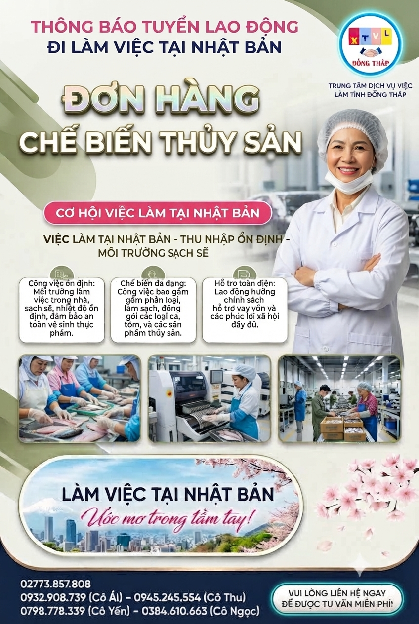 Tuyển gấp 50 nữ làm việc tại Nhật Bản đơn hàng Chế biến thực phẩm thuỷ sản