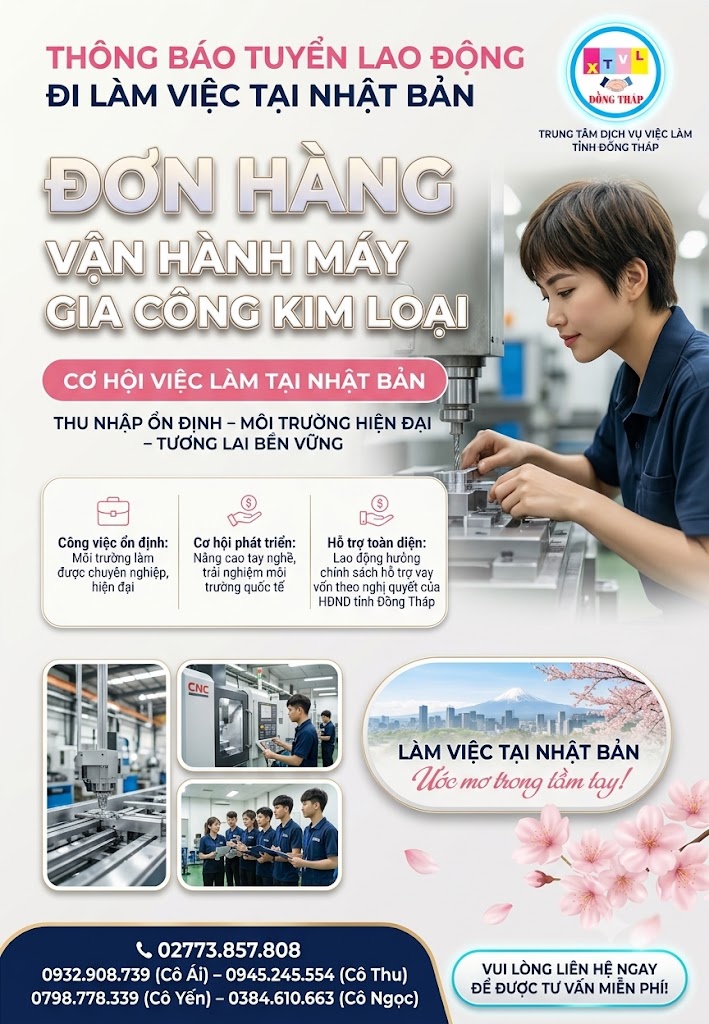 Tuyển gấp 10 nữ làm việc tại Nhật Bản đơn hàng Vận hành máy gia công kim loại