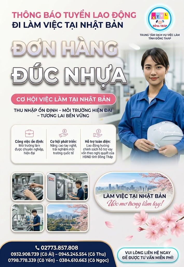 Tuyển gấp 7 nữ làm việc tại Nhật Bản đơn Đúc nhựa