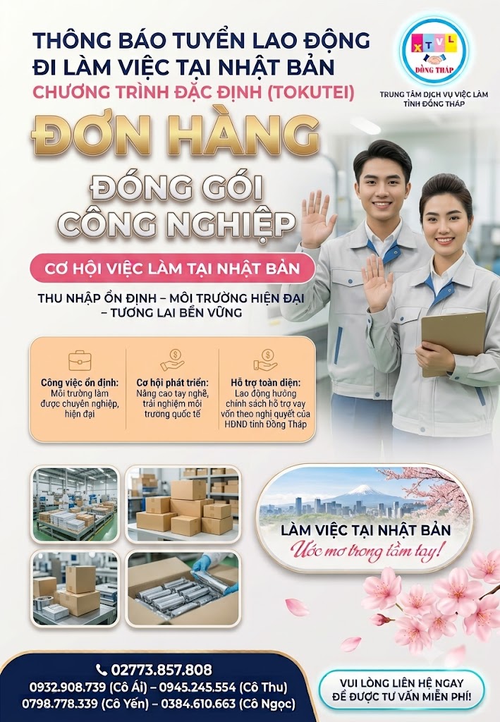 Tuyển gấp 15 nam  nữ làm việc tại Nhật Bản đơn hàng đặc định Đóng gói công nghiệp