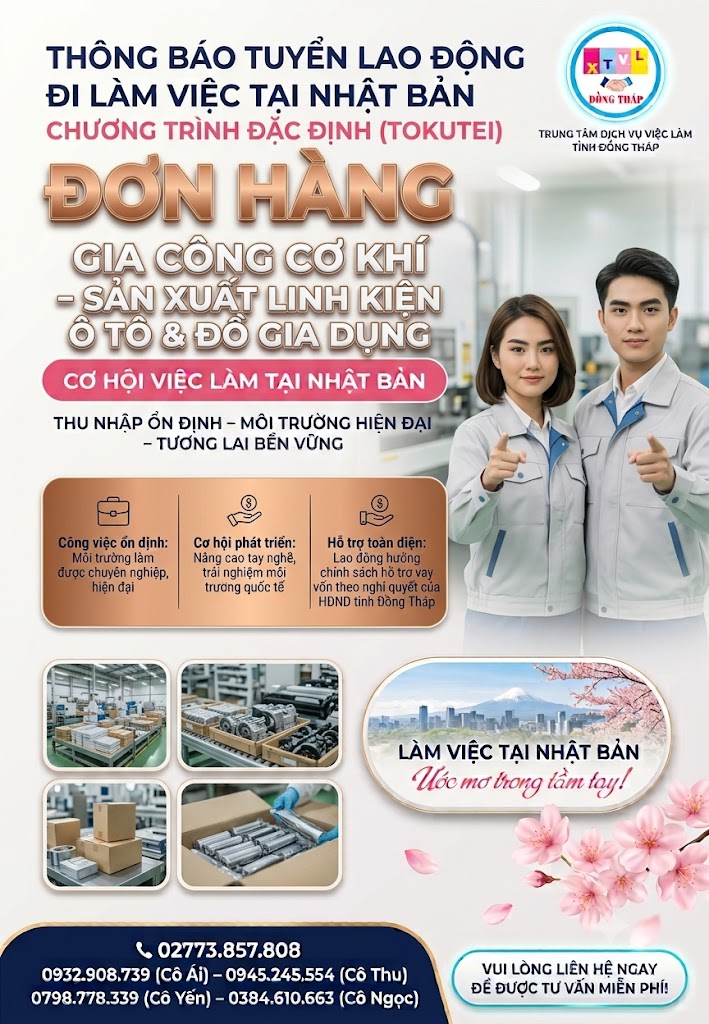 Tuyển gấp 30 nam  nữ làm việc tại Nhật Bản đơn hàng đặc định Gia công cơ khí , Sản xuất linh kiện ô tô